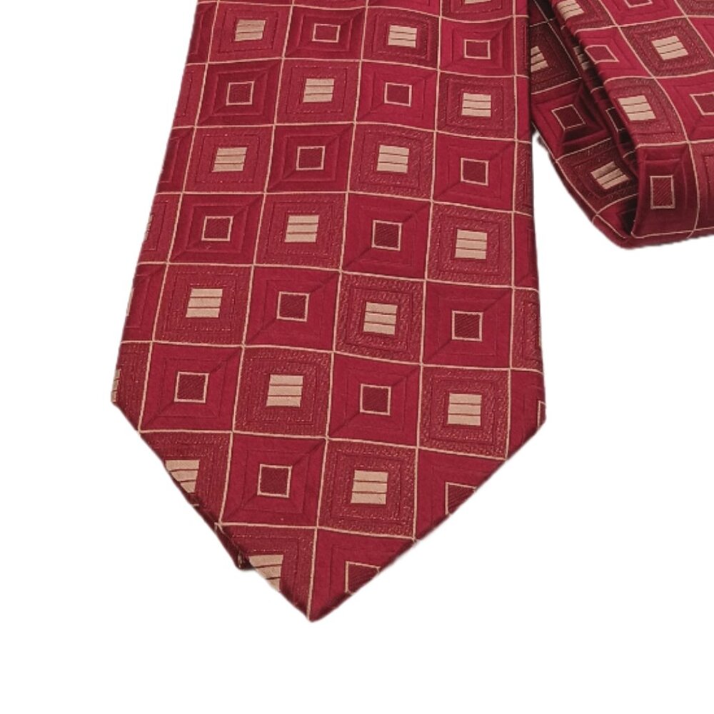 Michael Kors Silk Tie Men’s 60.25” Red Gold Geometric Square Modern Classic New